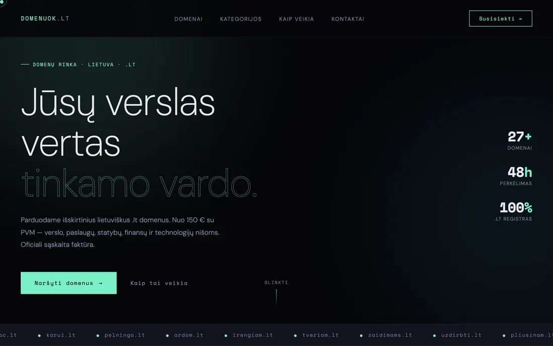Screenshot of domenuok.lt — premium Lithuanian domain marketplace