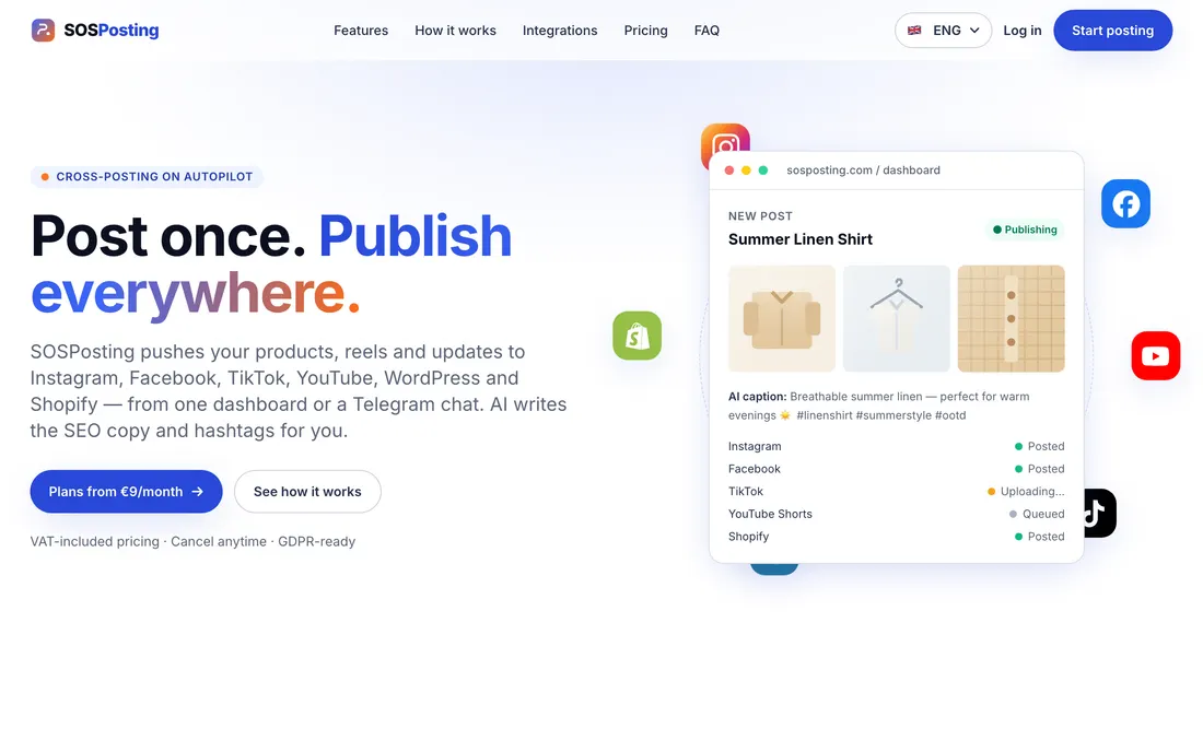 Screenshot of sosposting.com — social media cross-posting tool